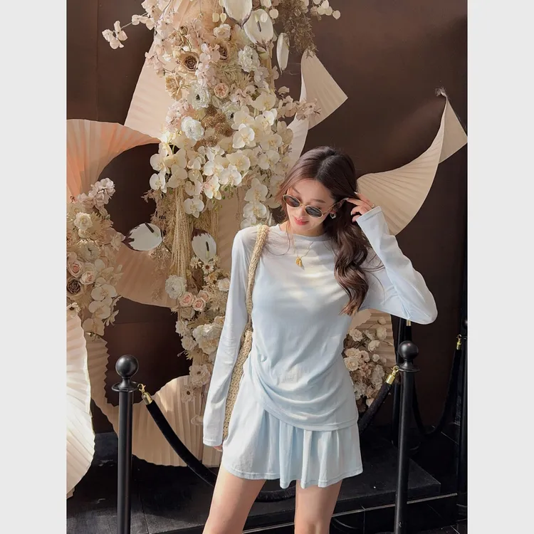 祝喜喜【凉感套装】天丝垂感针织显瘦纯欲慵懒风高腰短裙套装百搭
