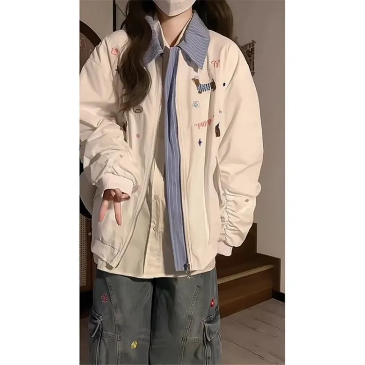 秋季新款美式假两件腊肠狗冲锋衣女韩系宽松甜酷学院风夹克外套女