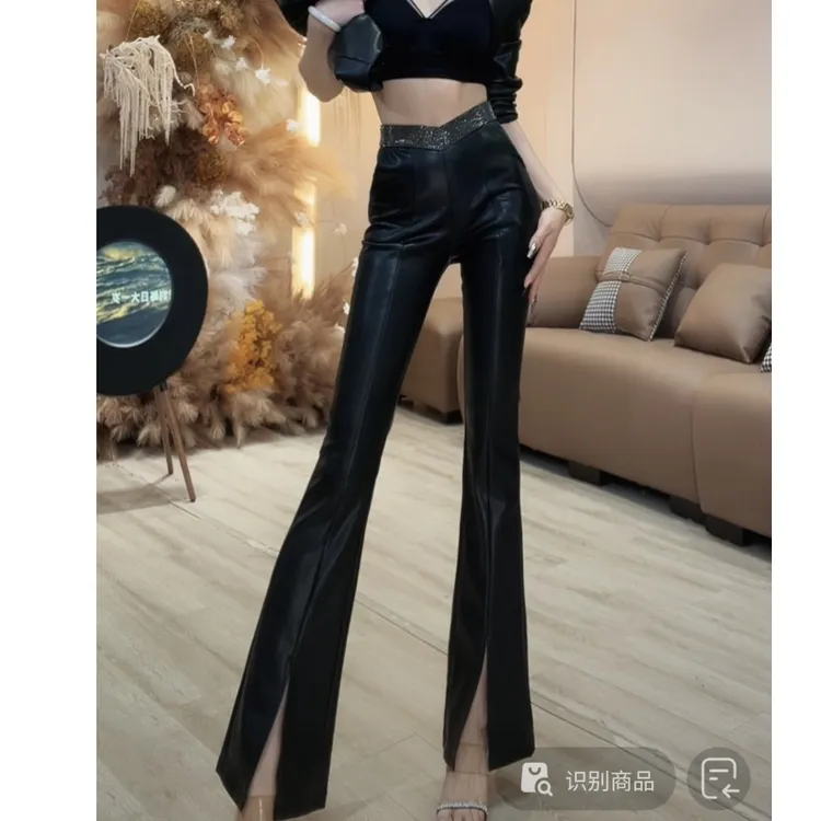 【YING FASHION】莹老板-时尚气质百搭腰头钻皮裤 90870082 514