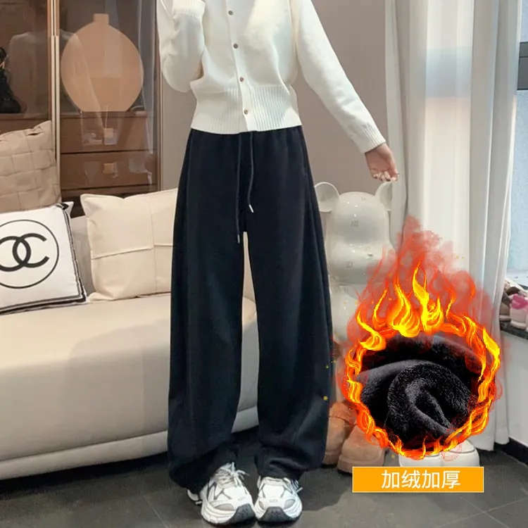 加绒加厚弯刀运动裤女2025年新款宽松卫裤直筒休闲阔腿束脚长裤子