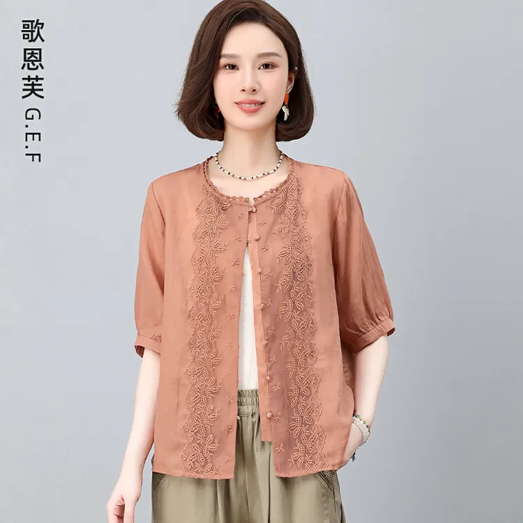 苎麻刺绣衬衫女夏季2025新款棉麻上衣阔太太洋气高贵妈妈漂亮小衫