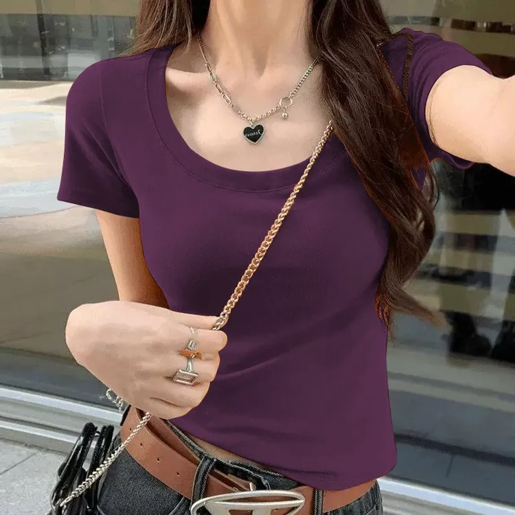 夏季短款U领紧身短袖T恤女百搭显瘦白色设计感高考毕业季纯色上衣