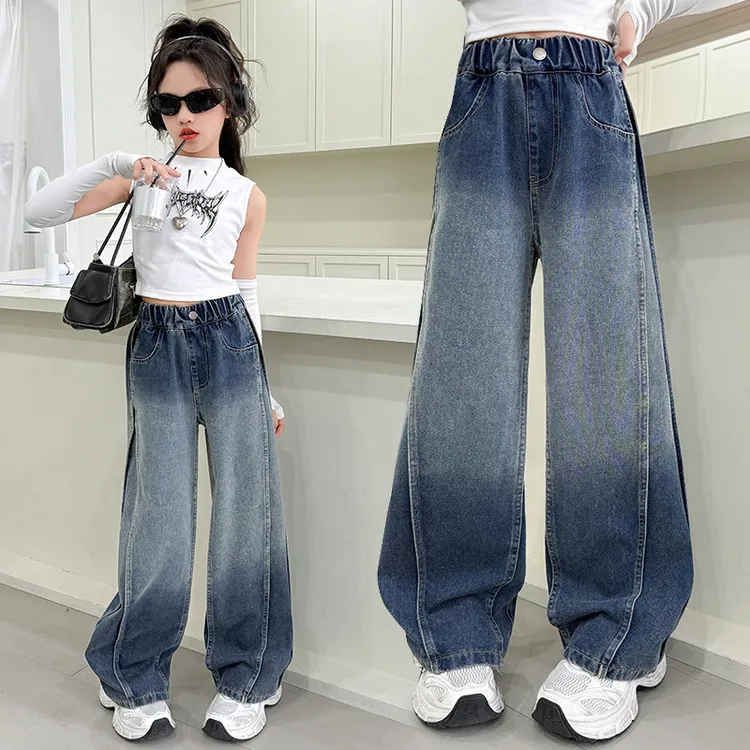 女童牛仔裤2025秋装新款儿童渐变弯刀裤春秋季中大童休闲阔腿裤子