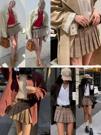 美式复古棕色格纹百褶裙高腰A字半身裙miu风辣妹高街格子短裙