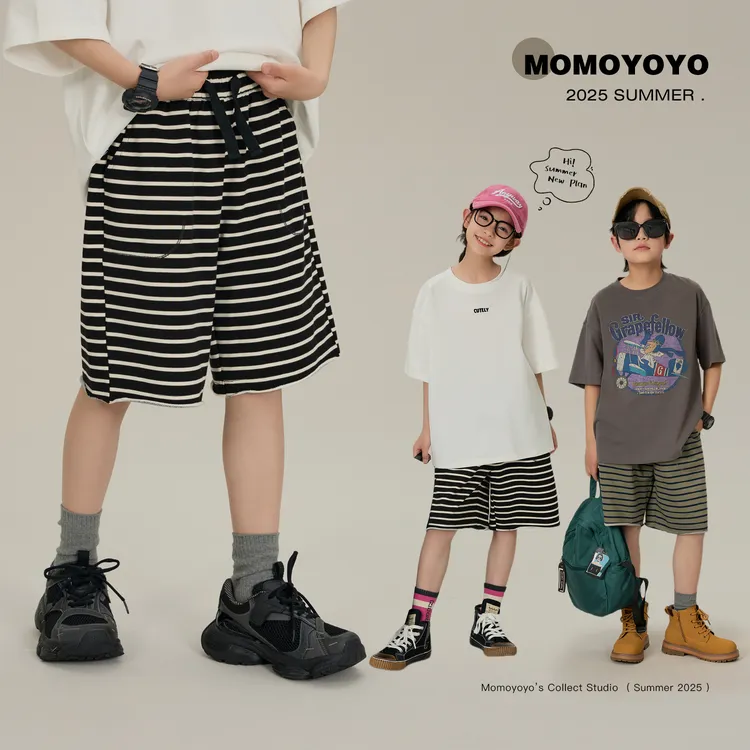 辰辰妈【灵感条纹】夏季百搭儿童撞色条纹散边无性别齐膝中裤 8119D