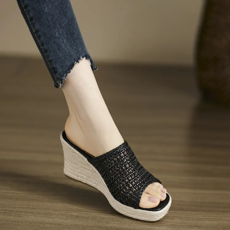 小个子手工女鞋10cm～编织镂空防水台坡跟半拖鞋外穿舒适百搭凉拖