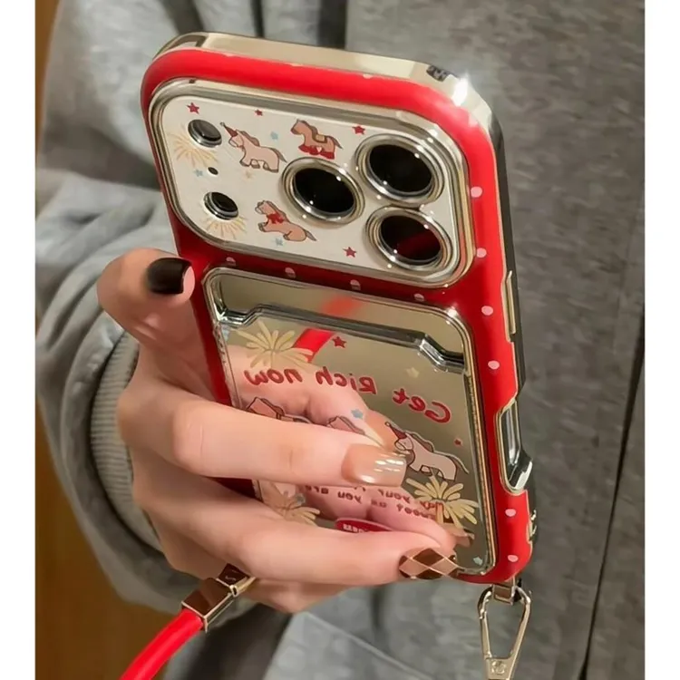 红色波点烟花小马镜面卡包适用苹果17promax手机壳iphone16新款15