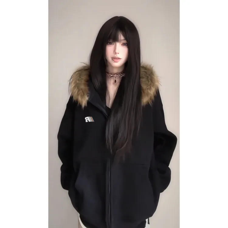 冬季外套女加绒加厚毛领连帽开衫卫衣女韩系百搭保暖棉服外套