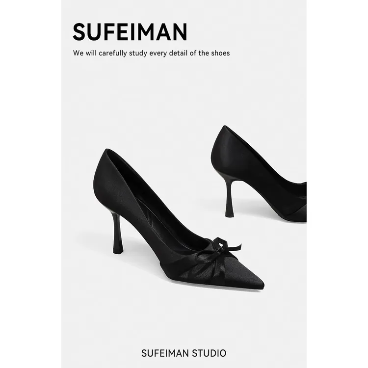 香港黑色尖头蝴蝶结绝美高跟鞋女细跟不累脚配裙子法式单鞋女