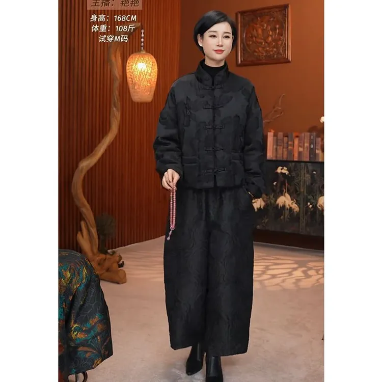 欧洲站2025冬季新款新中式国风盘扣棉服女时尚高腰纯色棉裤女