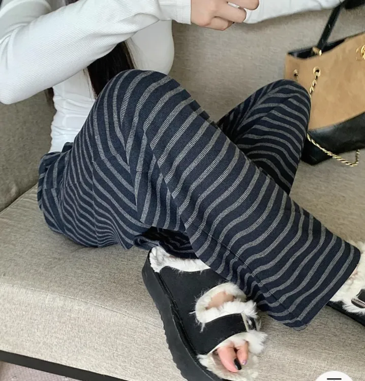磨毛糯米条纹质慵懒风黑灰条纹双褶加绒阔腿裤5588-A116