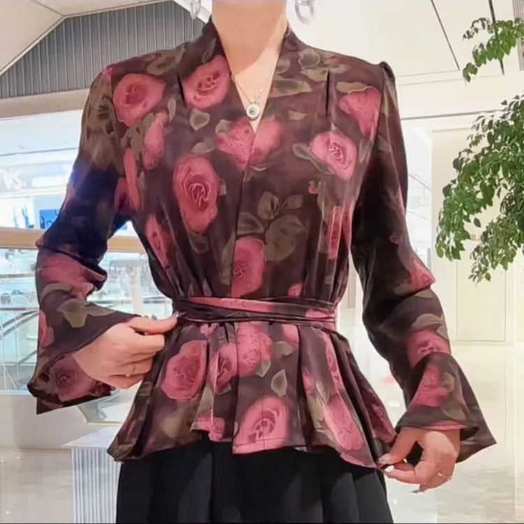 花色光面印花收腰显瘦女士喇叭袖深V领通勤百搭长袖衬衫