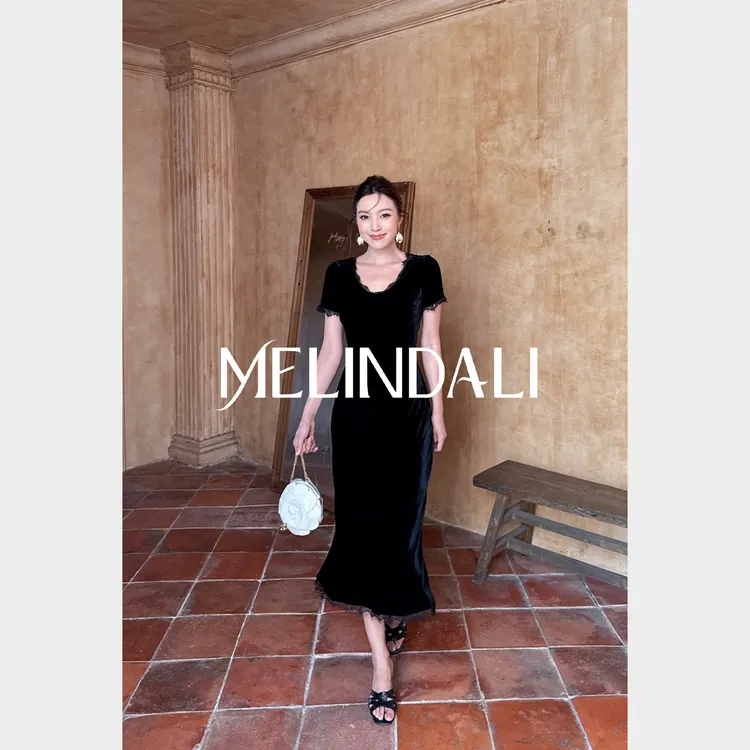 Melinda Li【夜幕】私服法式优雅桑蚕丝丝绒蕾丝正反两穿斜裁连衣裙
