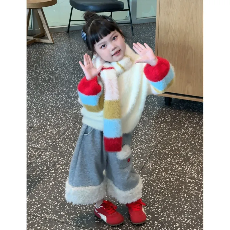 韩版童装2025春季秋冬新款彩色针织毛衣女童加绒阔腿裤女宝宝洋气