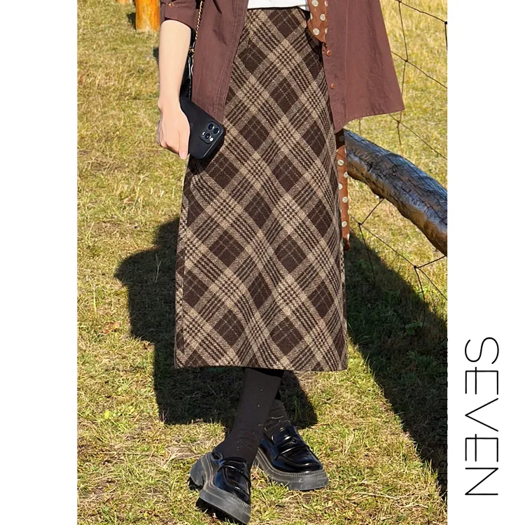 ⑦七七146小个子法式复古咖色格纹半身裙女秋季中长款裙子小美说