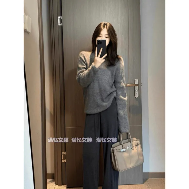 百搭老钱风女装入秋穿搭灰色休闲慵懒风显瘦气质宽松毛衣长裤套装