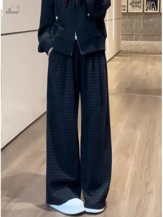 毛呢黑灰色格子阔腿裤女2025秋季新款高腰宽松百搭显瘦休闲裤