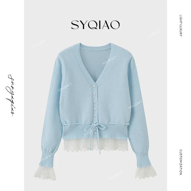 【雅乔定制】休闲百搭蕾丝拼接V领针织开衫毛衣外套女DYDD-25070048