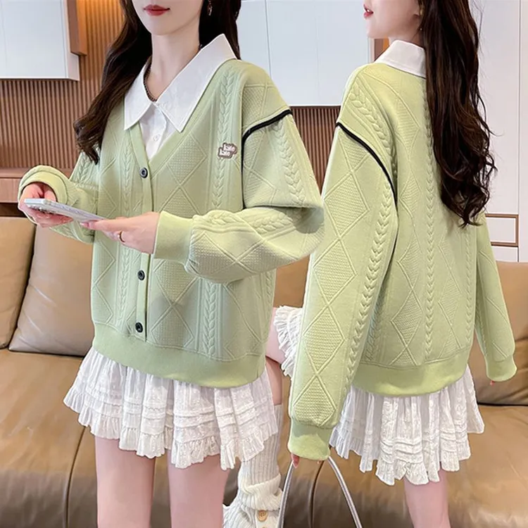 假两件Polo领卫衣女秋冬新款小个子减龄慵懒风大码网红长袖上衣服