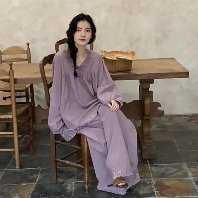 春秋季新款睡衣女士薄款家居服套装长袖长裤法式宫廷风蕾丝花边