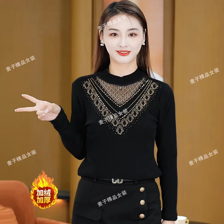 加绒加厚半高领烫钻打底衫时尚洋气显瘦遮肉大码长袖上衣妈妈装