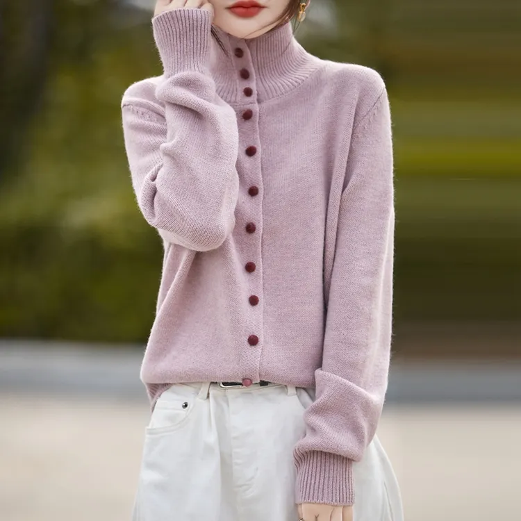 秋冬新款加厚羊毛开衫女高翻领通勤百搭针织毛衣外套复古显瘦上衣