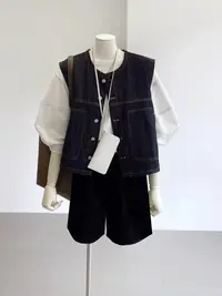 微胖大码外穿秋季街头无袖休闲宽松马甲牛仔复古马夹女透气春秋款
