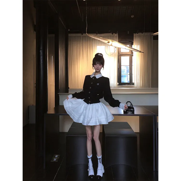 法式千金风时尚撞色拼接假两件针织开衫毛衣外套木耳边百褶裙套装