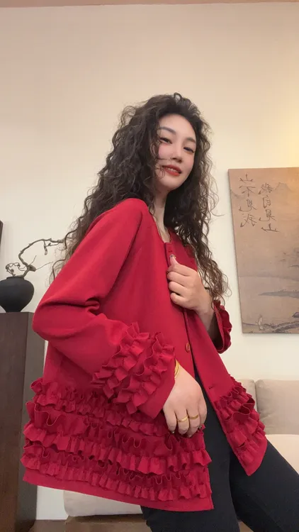 museguhui/木色古汇825121#拼接木耳边纯色气质秋款百搭小外套