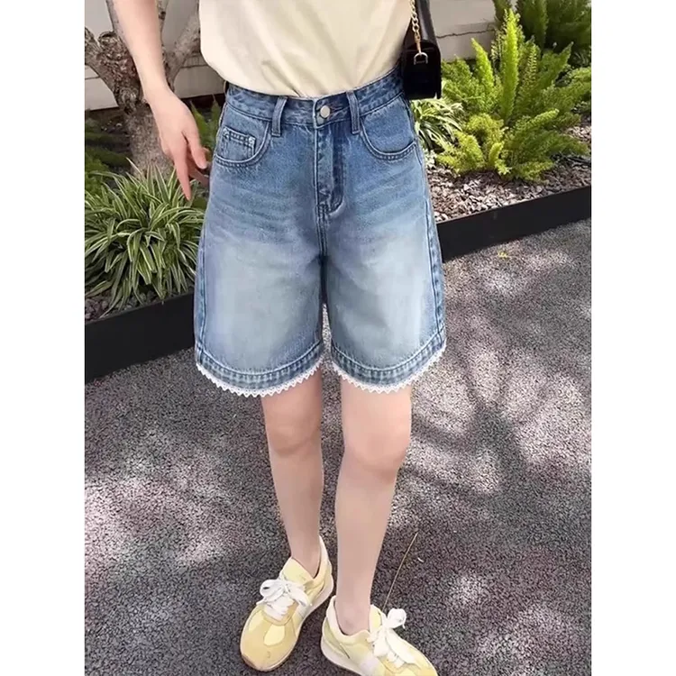 蕾丝花边拼接五分牛仔裤女夏季新款大码胖mm宽松显瘦高腰阔腿裤子