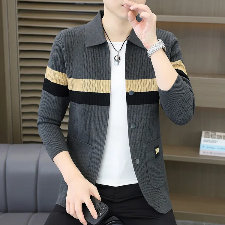 高档翻领拼色长袖开衫外套男士秋季潮流针织衫毛衣轻奢男装25809
