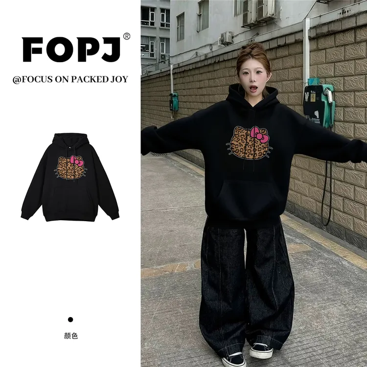 FOPJ秋冬新款加绒连帽卫衣女复古潮牌oversize宽松显瘦慵懒风上衣