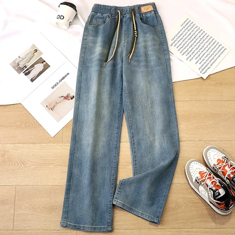 松紧腰直筒牛仔裤女加绒2025新款宽松显瘦九分小个子窄版阔腿裤子