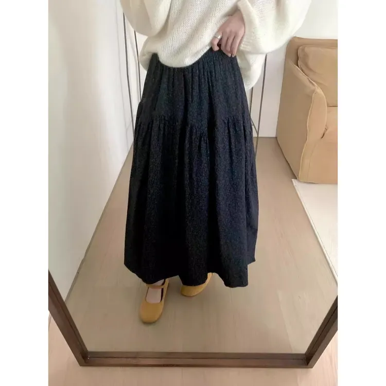 韩系复古小碎花口袋半身裙女秋冬新款百搭松紧腰遮胯显瘦a字伞裙