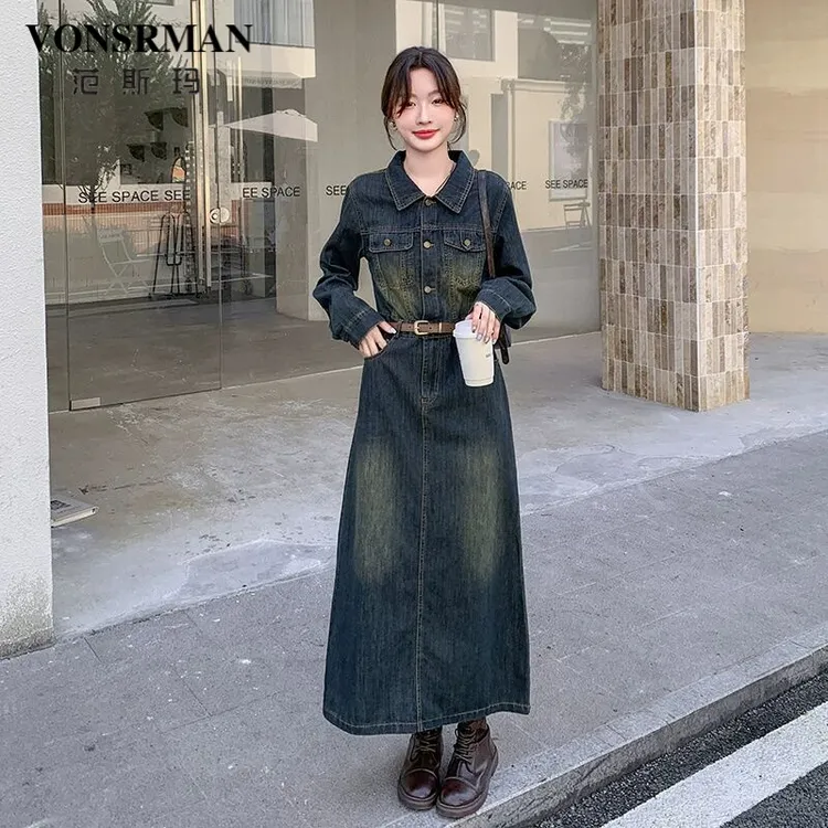 VONSRMAN小众复古牛仔裙显瘦连衣裙轻奢2025秋季新款长袖法式休闲