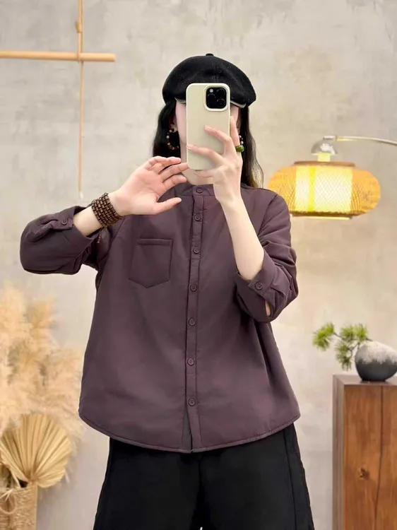 立领纯棉夹棉文艺复古长袖衬衫女宽松开衫外套棉质感米白色衬衣