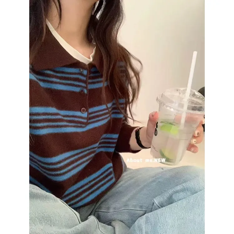 韩式撞色条纹polo衫2025秋新款宽松慵懒风软糯毛衣上衣翻领卫衣