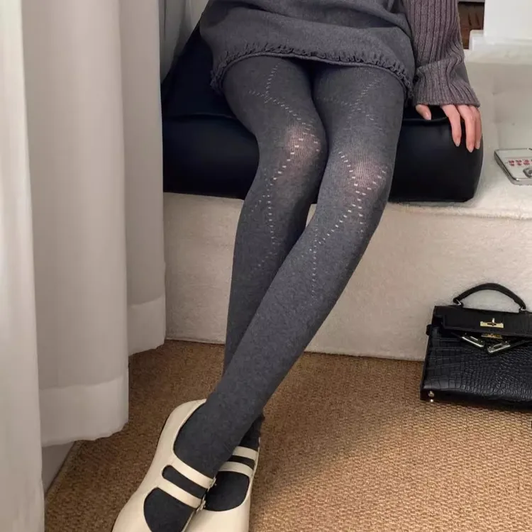 【微透露肤】2025灰色菱形镂空打底裤秋冬外穿高弹不掉档打底袜连裤
