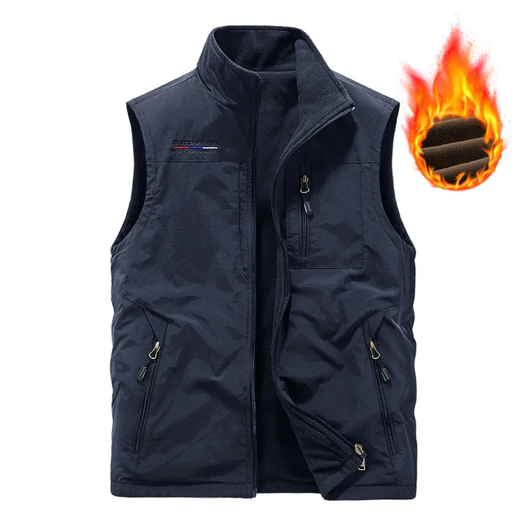 男士新款摇粒绒多口袋双面穿背心加绒立领休闲工装马甲外套马夹