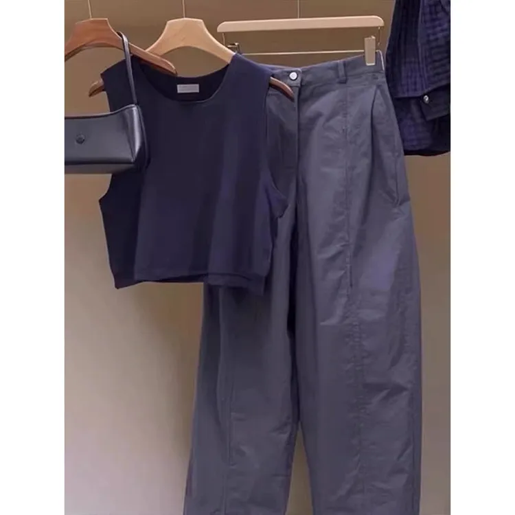 小个子减龄穿搭一整套藏青色辣妹上衣工装薄休闲裤学院风套装女夏