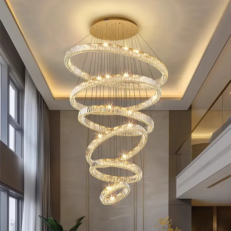 轻奢别墅复式楼大吊灯客厅灯2025年新款挑空水晶灯圆形楼梯长吊灯