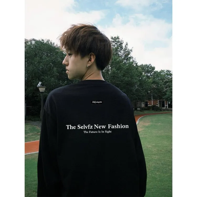 潮牌时尚高街美式个性原创字母圆领长袖T恤男款秋季棉重磅上衣