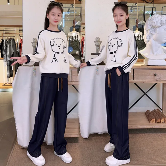 女童卫衣套装2025秋季新款韩版女大童学生休闲阔腿裤牛仔裤套装潮