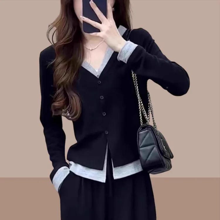 香朵儿假两件单排扣针织衫2025春秋季新款小个子流行时尚女装上衣