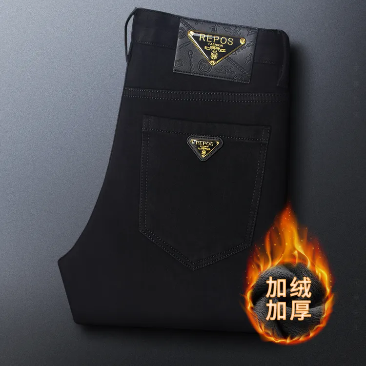 JJL-黑色欧货高端牛仔裤男修身小脚潮牌加绒加厚时尚休闲弹力裤子