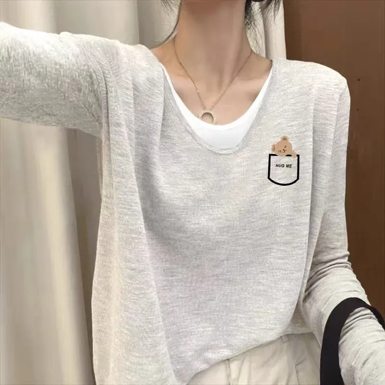 纯棉假两件长袖t恤女欧货高级感正肩秋冬季新款米灰色V领打底衫
