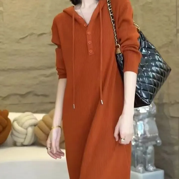 现货 新款女款气质大码宽松显瘦毛衣裙轻奢高级感休闲连帽连衣裙