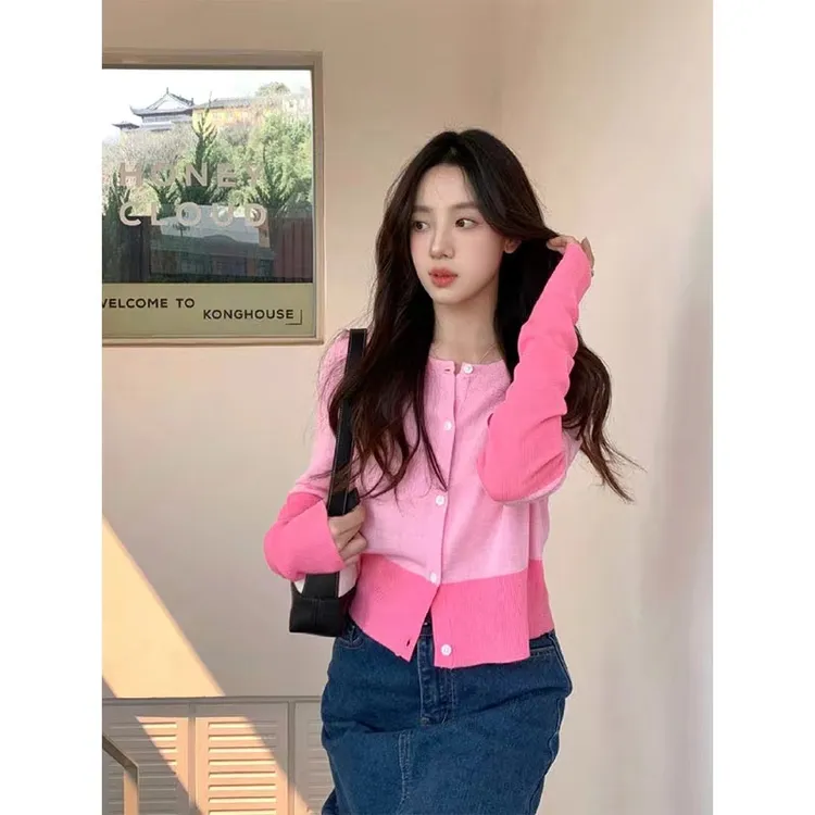 2025樱花粉针织开衫女春秋新款修身短款薄外套绵羊毛100