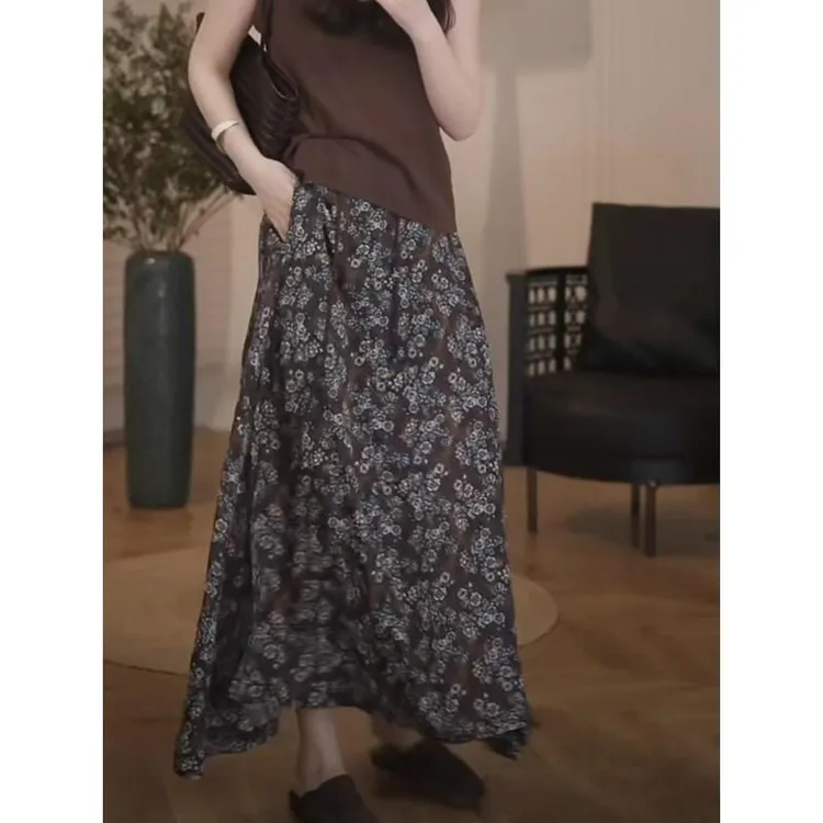 复古设计感开叉碎花半身裙女2025夏季新款时尚百搭超好看高腰长裙
