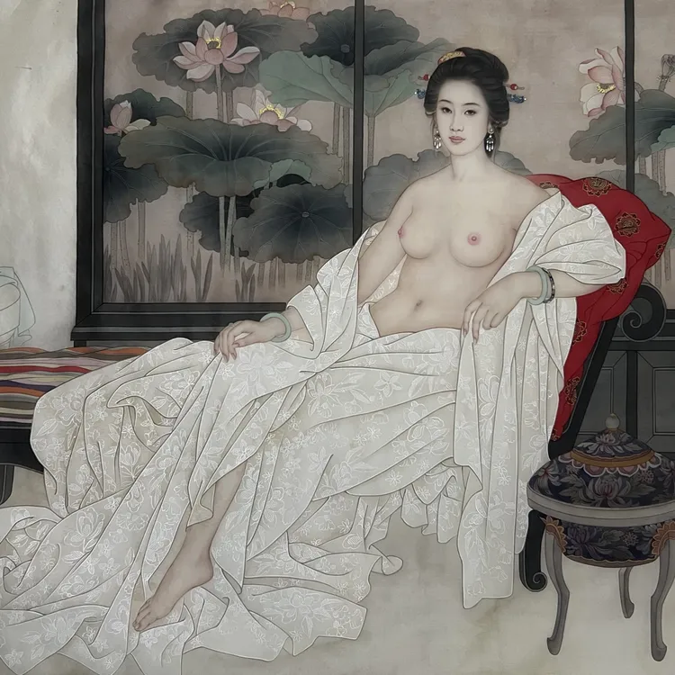 工笔人物画《出浴》 画芯尺寸：118*78cm  材质：绢本
